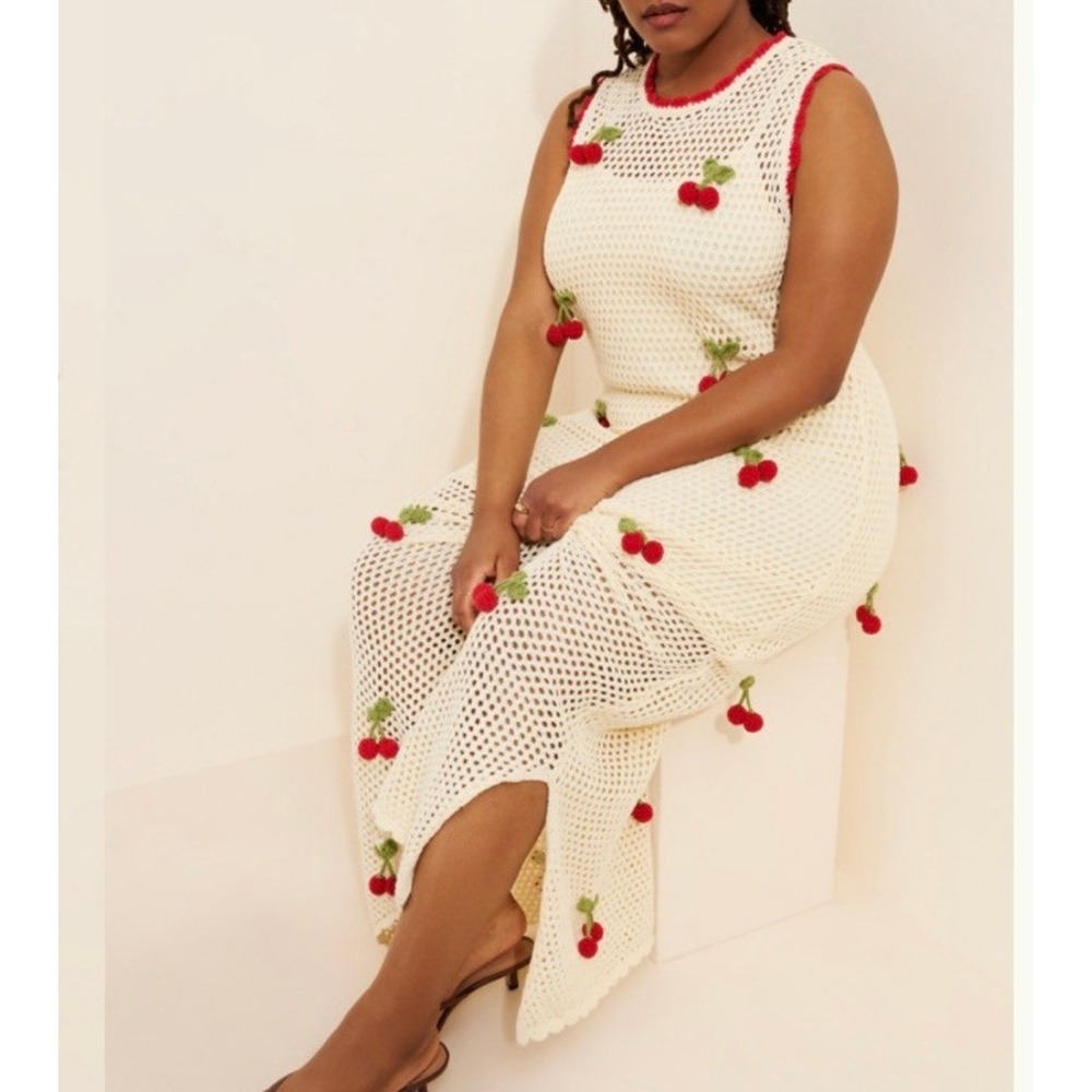 Callahan Cherry Crochet Maxi Dress Sleeveless Open Knit Cream Red 2X